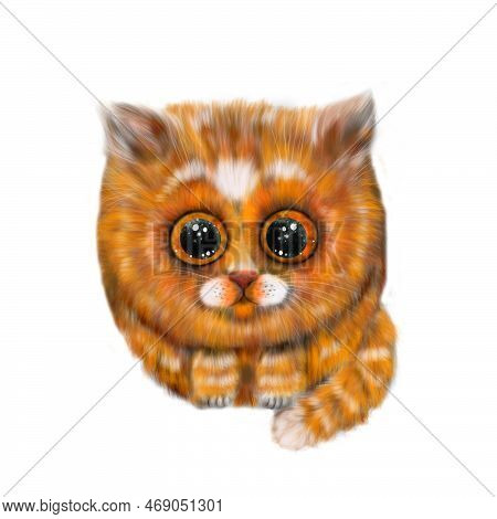 Cute Orange Fluffy Kitten With Orange Eyes And White Spot. Procreate Illustration. Cute Red Cat.