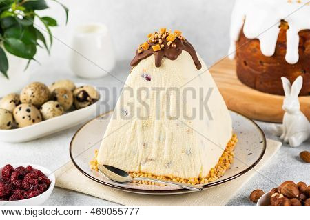 Traditional Cottage Cheese Easter Paskha And Eggs On White Table. Russian Paskha. Easter Dessert. Ea