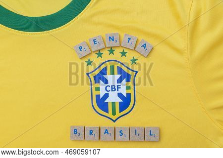 Bauru, Brazil - 11.01.23: Brazilian Football Confederation Emblem On Football Jersey. Most Times Wor