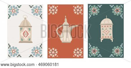 Set Of Decorative Arabic Ornamental Greeting Cards, Invitation Templates For Muslim Holiday Ramadan 