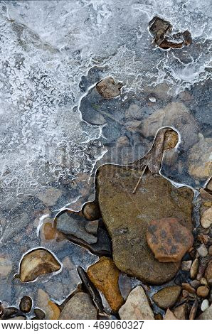 Pebbles Are Cover With Ice Along A Creek In Kaskaskia Canyon In Starved Rock State Park, Lasalle Cou