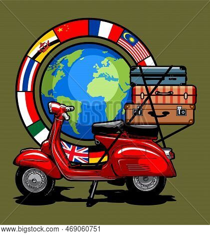 Red Scooter With Travel Bags And World Globe