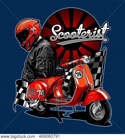 Red Vintage Scooter With Biker Background Vector Template