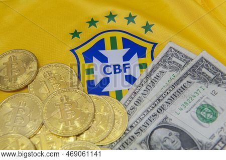 Bauru, Brazil - 11.01.23: Brazilian Football Confederation Emblem On Football Jersey. Soccer Players
