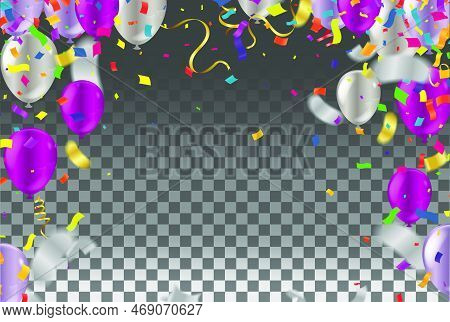Colorful Birthday Balloons And Confetti On Sky Background, Illustration Vector Background With Place