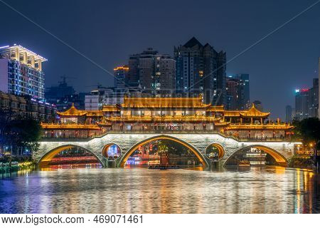 Chengdu Anshun Bridge And Jinjiang River At Night