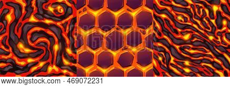 Textures Of Lava, Magma And Hexagon Stones. Seamless Patterns Of Volcano Rock Surface With Cracks An
