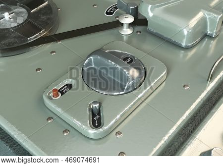 A Vintage Reel-to-reel Analogue Analogue Audio Recorder In A Leather Case On A White Studio Backgrou