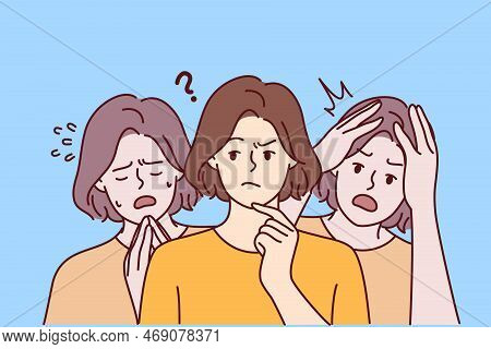 Young Thoughtful Woman Near Girls Experiencing Shock After Psychological Upheavals. Lady In Casual T