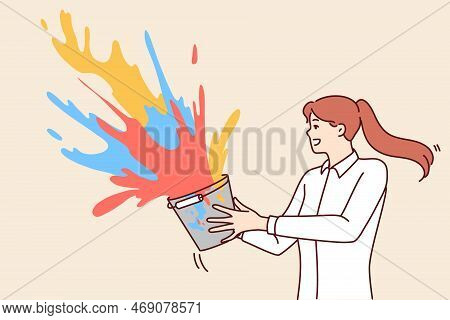 Creative Woman Splashes Multicolored Liquid Paint From Bucket Wishing To Make World Brighter. Concep