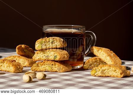 Biscotti Cantuccini Cookie Biscuits With Pistachios And Lemon Peel Shortbread. Cup Of Tea. Teatime B