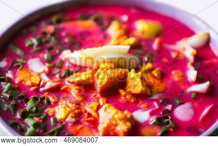 Cold Beetroot Soup With Boiled Eggs And Greenery. Traditional Summer Food.