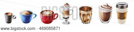 Watercolor Set Of Coffee In Porcelain Cups. Hand Painting Espresso, Americano, Latte, Raff, Take Awa