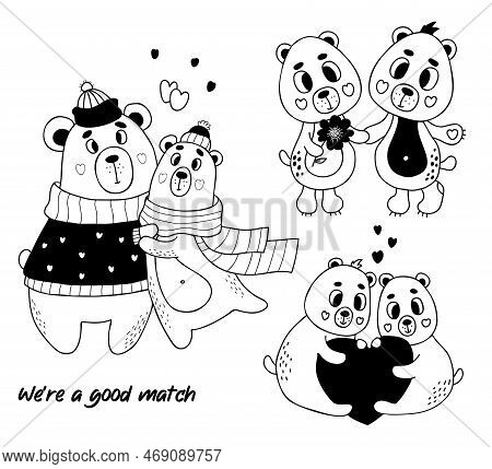 Cute Bears In Love. Collection Couple Bears Hugging In Romantic Winter Clothes And Pair Animals With