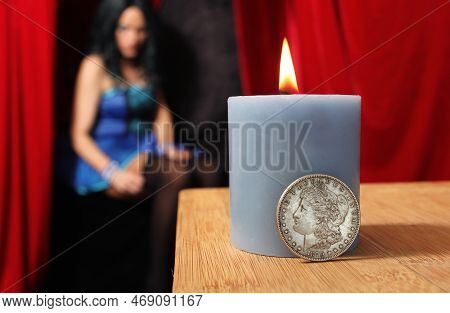 1879 Morgan Silver Coin With Woman In Blue Corset In Background