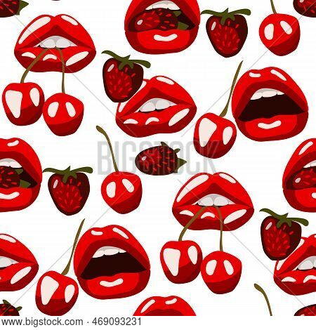 A Pattern With Red Strawberry And Cherry Lips On A White Background. Red Lipstick. An Open Mouth Tri