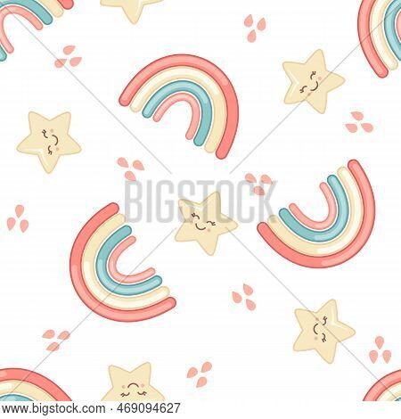 Cute Seamless Pattern Of Sky With Kawaii Faces Isolated On White. Background With Rainbow And Star. 