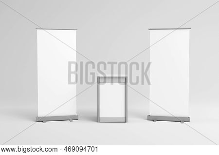 Pullup Banners With A Kidney Shaped Exhibition Point Of Sale Table Isolated On A White Background, 3