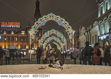 Kazan, Russia - January 1, 2013:people Walking Along Bauman Pedestrian Tourist Street. Festive Eveni