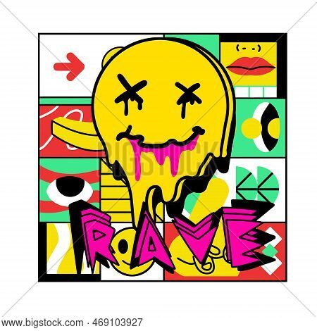 Poster With Yellow Smile Face. Acid Rave And Techno Party Of 90s.