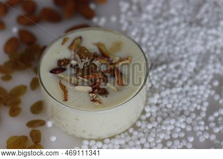 Sabudana Kheer. A Creamy Thick Indian Pudding Made With Tapioca Pearls, Condensed Milk, Sweetener An