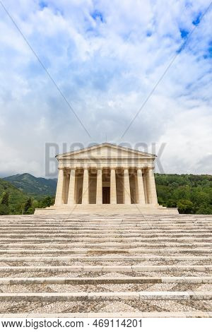 Possagno, Italy. Temple Of Antonio Canova With Classical Colonnade And Pantheon Design Exterior