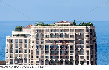 Monte Carlo, Monaco - August 2022: Detail Of Luxury Real Estete Residential Building