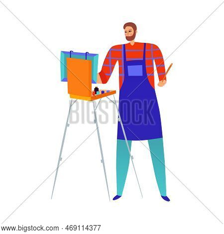 Male Artist Painting Using Sketchbox Easel Flat Vector Illustration