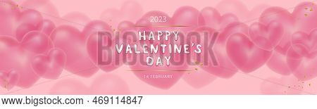 Congratulations On Valentine\'s Day. Pink Background With Transparent Hearts And An Inscription. Fly