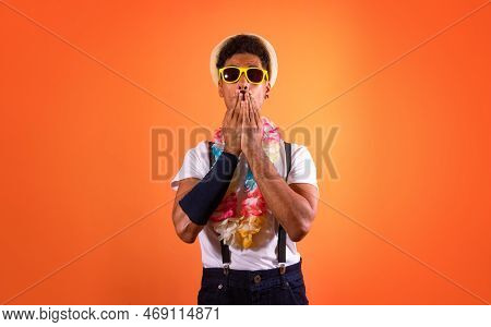 Carnival Outfit Party. Portrait Of Black Man With Carnival Props Having Fun