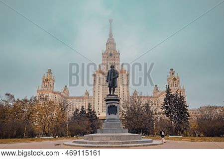 Monument To Mikhail Vasilyevich Lomonosov In Front Of Moscow State University Main Building. Moscow,