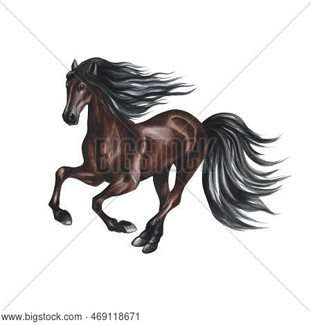 Running Horse. Hand Watercolor. Brown Horse Isolate. For Printing, Stickers And Labels. For Postcard