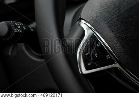 Cruise Control Switch Closeup. Adaptive Cruise Control Leaver. Cruise Control On Steering Wheel.