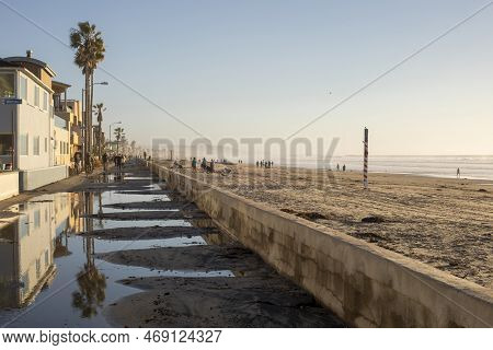 Mission Beach Broadwalk Flooded And Covered With Sand After Being Hit With King Tide Waves The Night