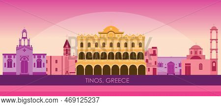 Sunset Skyline Panorama Of  Tinos, Cyclades Islands, Greece - Vector Illustration