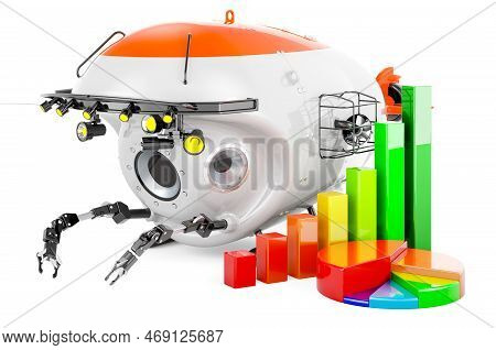 Bathyscaphe With Growth Bar Graph And Pie Chart. 3d Rendering Isolated On White Background