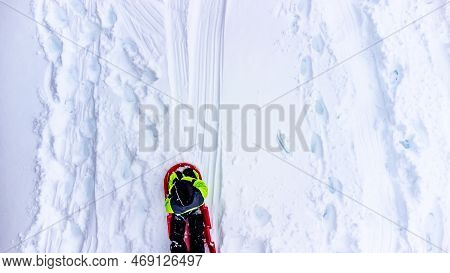 Aerial Overhead Done Photo Of Two Children In A Sled Going Down A Snow Covered Hill.