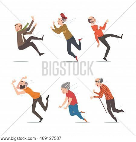 Senior Male And Female Character Falling Down On The Ground Due To Slippery Road, Clumsiness Or Heal