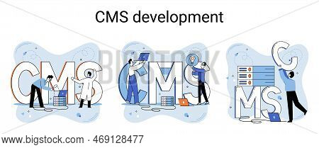 Cms Development Process Concept. Work With Content Management System. Information System Or Computer