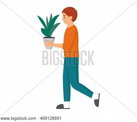 Teenager Carries Plant In Pot Taking Care Of Houseplants. New Family Home Concept, Moving And Rearra