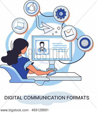Digital Communication Formats, Content With Online Data And Social Media Streaming. Woman Using Webs