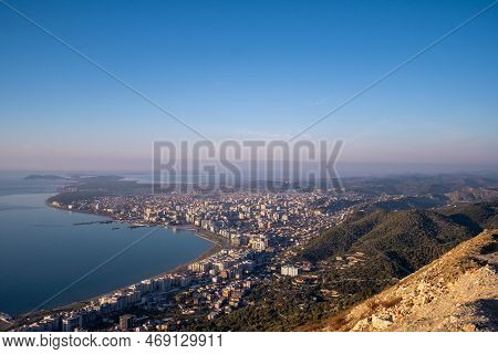 Attractive Spring Cityscape Of Vlore City From Kanines Fortress. Captivating Morning Sescape Of Adri