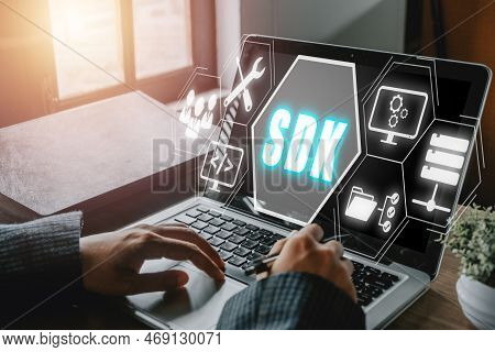 Sdk - Software Development Kit Programming Language Technology Concept, Person Typing Keyboard Compu