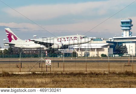 Bucharest, Romania - January 17, 2023:  Qatar Airways, A7-ahg, Airbus A320-232, Aircraft Lands At He