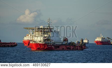 Labuan,malaysia-jan 4,2022:view Of Offshore Supply Vessels At Labuan,malaysia. Its Specially Designe