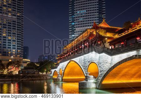 Chengdu Anshun Bridge And Jinjiang River At Night