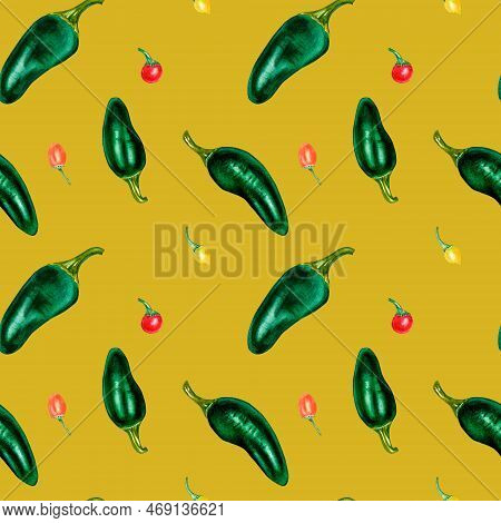 Jalapeno And Little Peppers. Watercolor Seamless Pattern Isolated On Ocher.