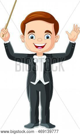 Vector Illustration Of Cartoon Boy Orchestra Conductor With Pointer Stick