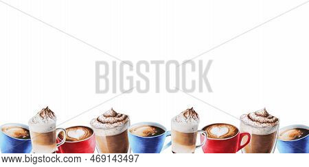 Watercolor Bordure With Coffee In Porcelain And Glass Cups. Hand Painting Espresso, Americano, Latte