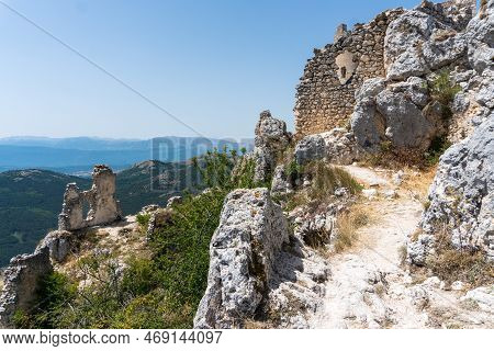Calascio, Italy-august 9, 2021:particular Of The Ruins Of Rocca Calascio During A Sunny Day